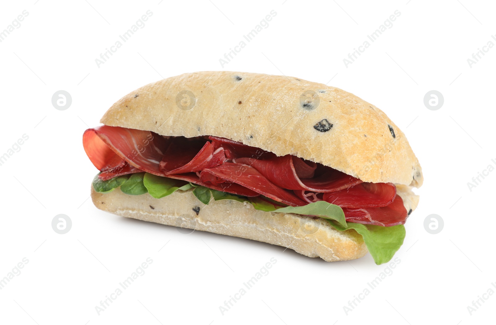 Photo of Delicious sandwich with bresaola and basil isolated on white
