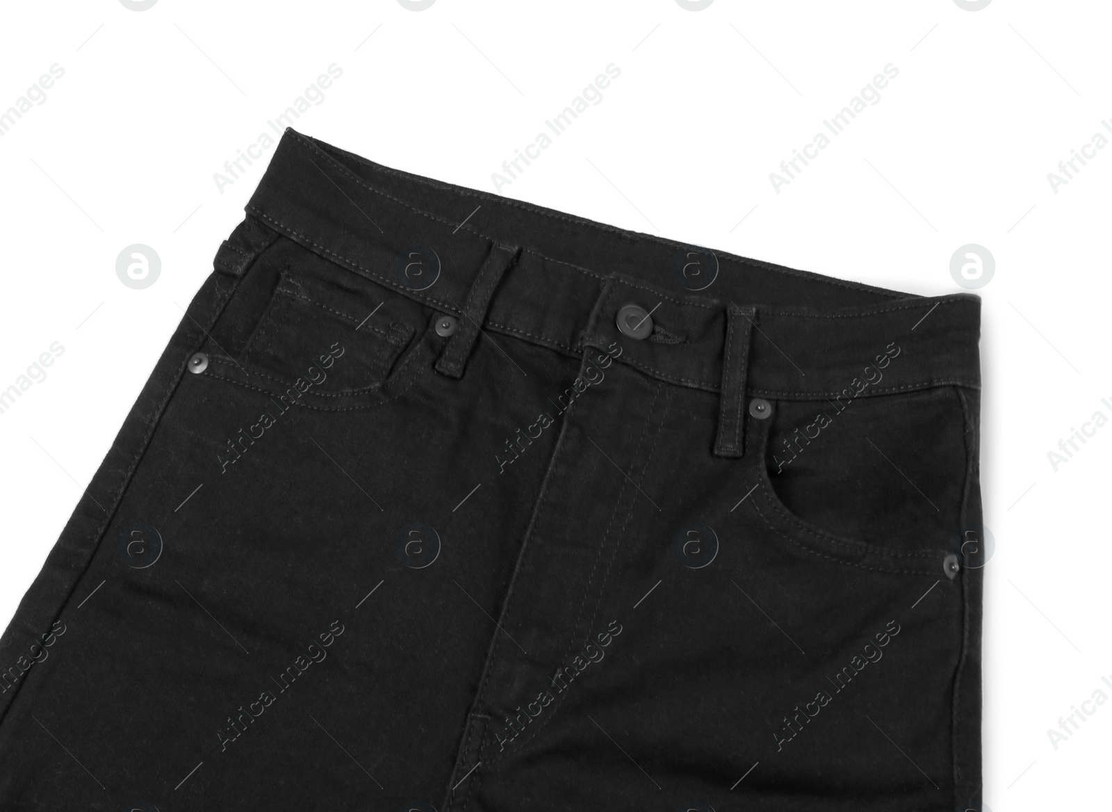 Photo of Stylish black jeans isolated on white, top view