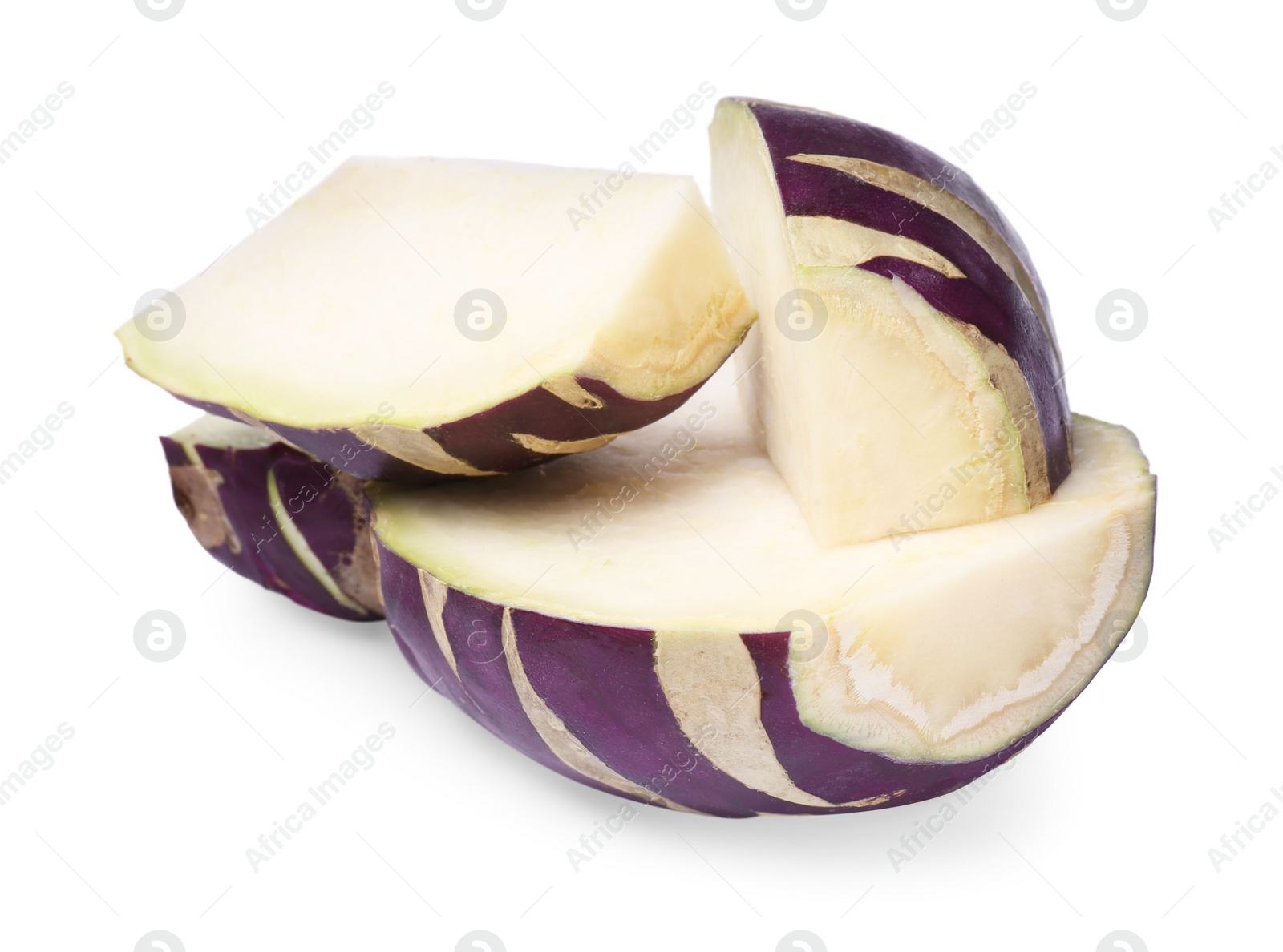 Photo of Pieces of tasty Kohlrabi cabbage on white background