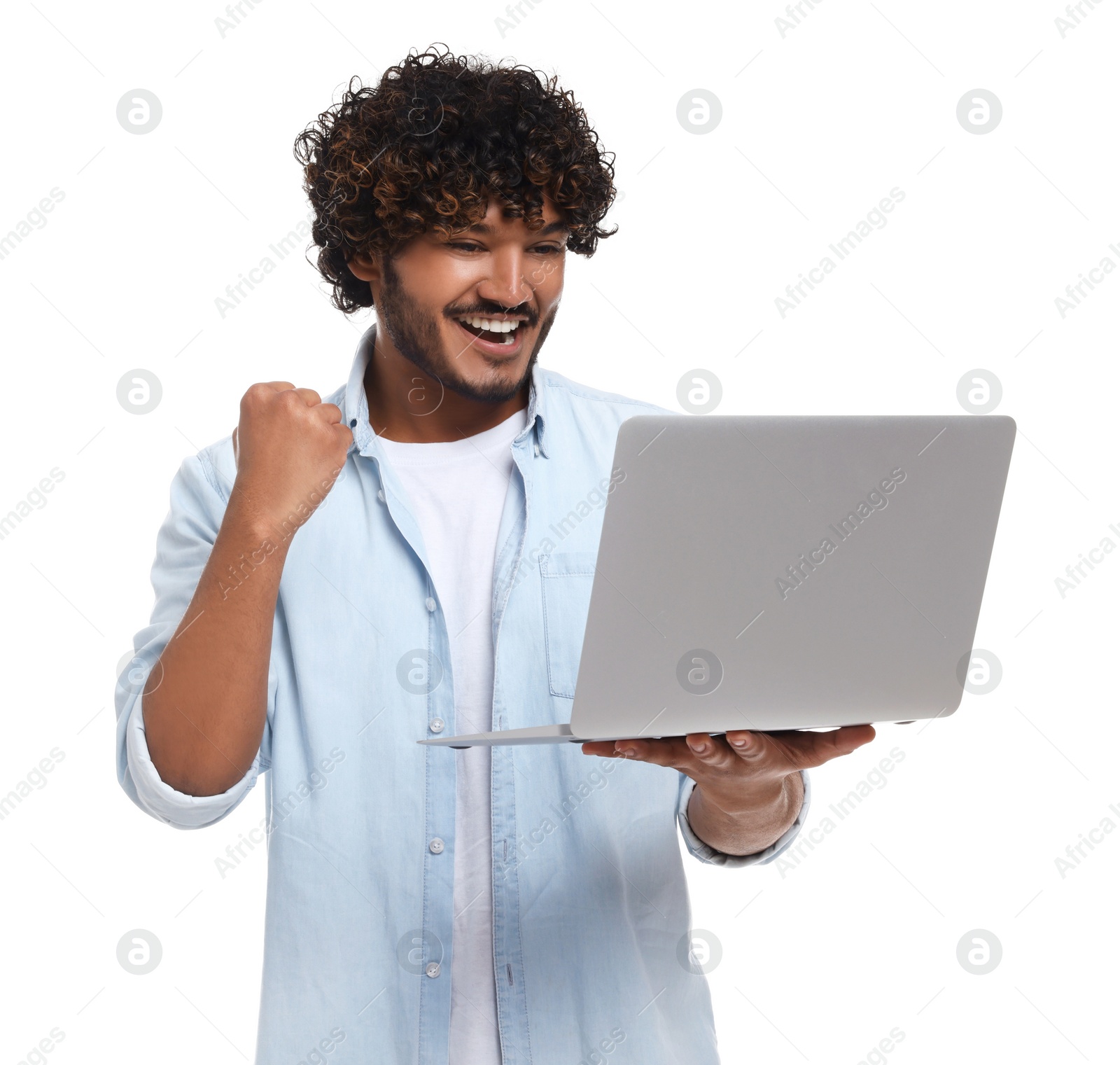 Photo of Happy man with laptop on white background