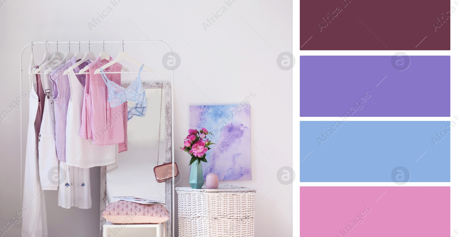 Image of Color palette appropriate to photo of stylish women's clothes on rack in room