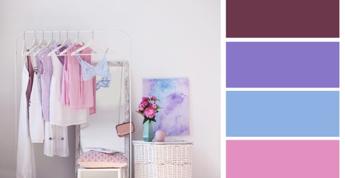 Image of Color palette appropriate to photo of stylish women's clothes on rack in room