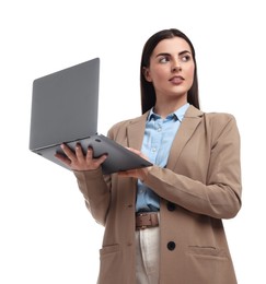 Photo of Beautiful businesswoman with laptop on white background, low angle view