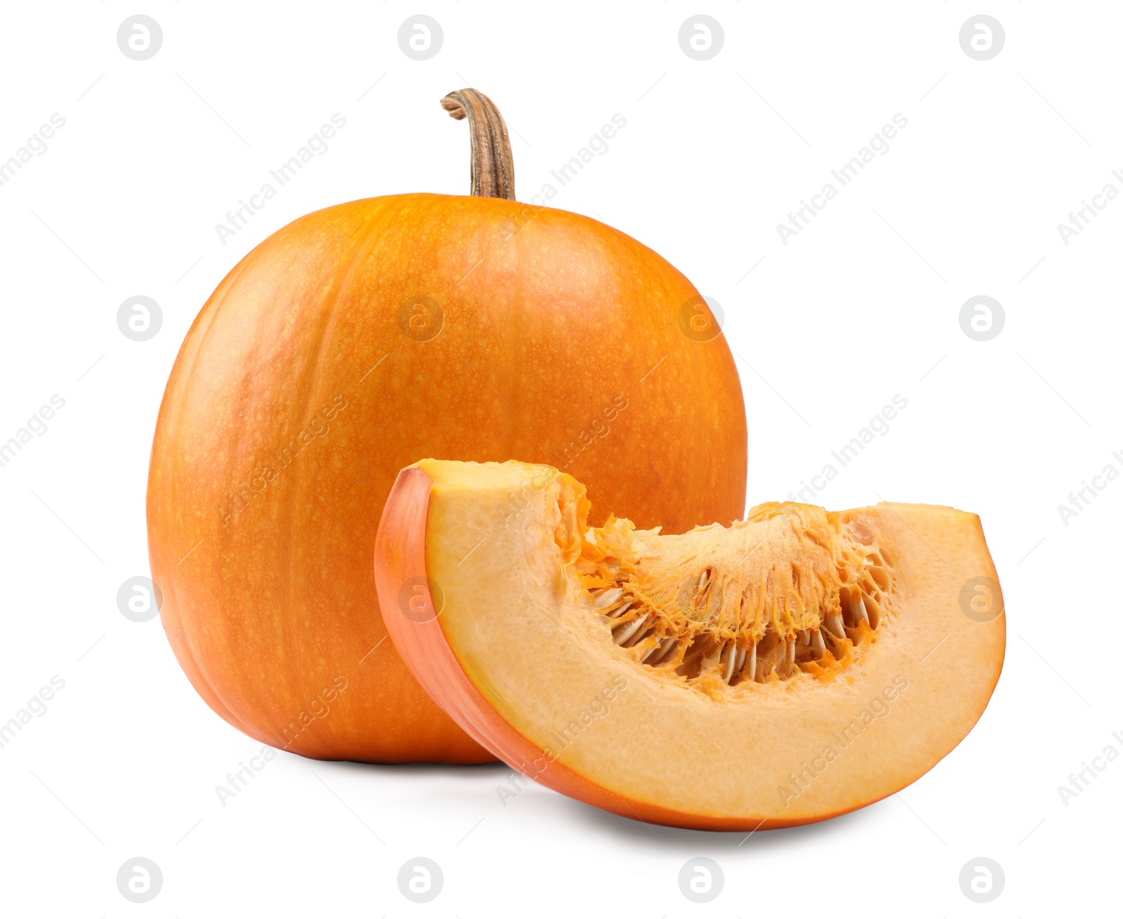 Photo of Whole and cut fresh ripe pumpkins isolated on white