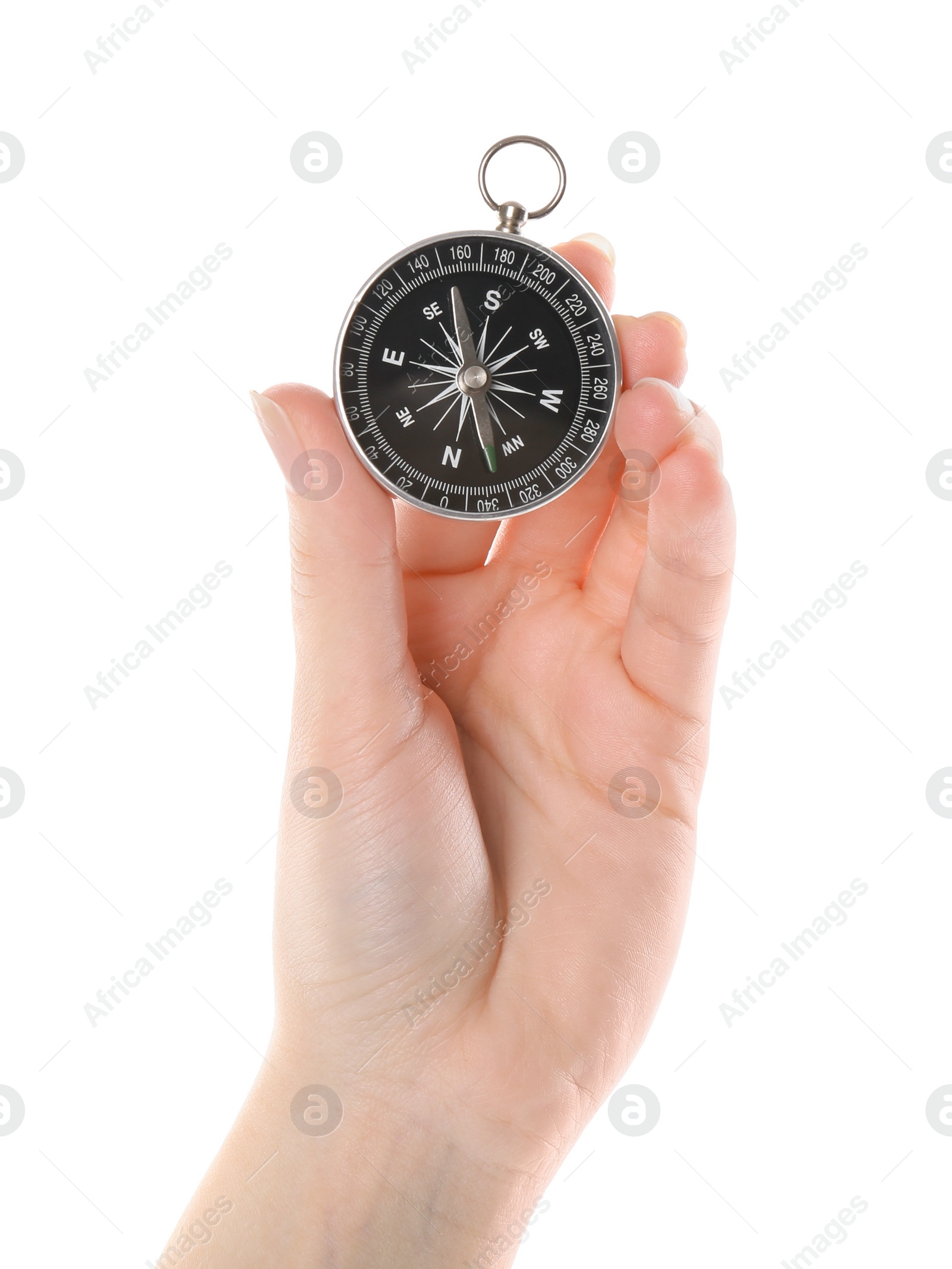 Photo of Woman holding compass on white background, closeup. Tourist equipment