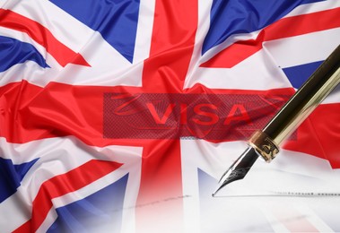 Image of Visa to United Kingdom. Multiple exposure with flag of Great Britain and fountain pen