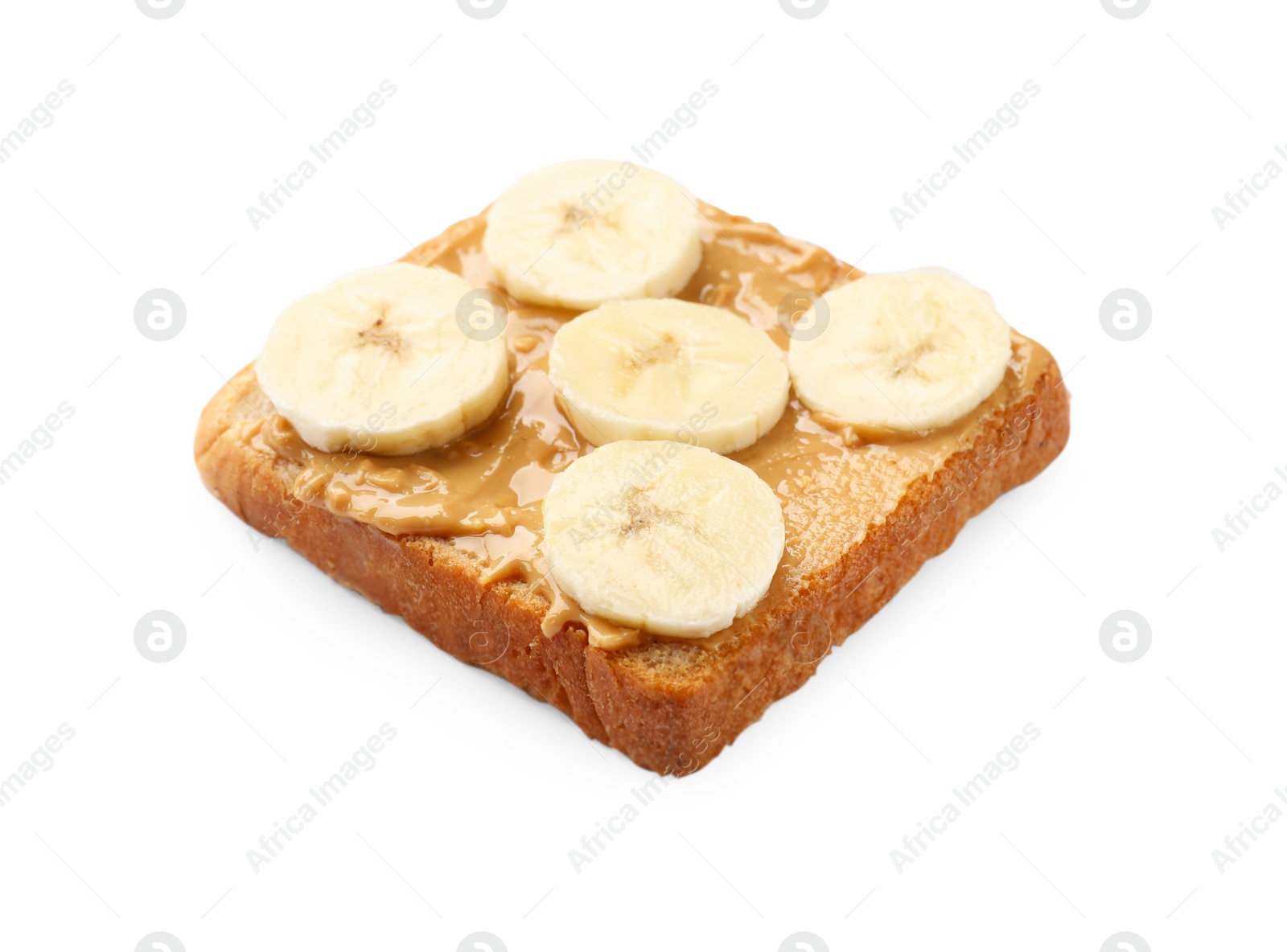 Photo of Delicious toast with peanut butter and banana isolated on white