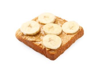 Photo of Delicious toast with peanut butter and banana isolated on white