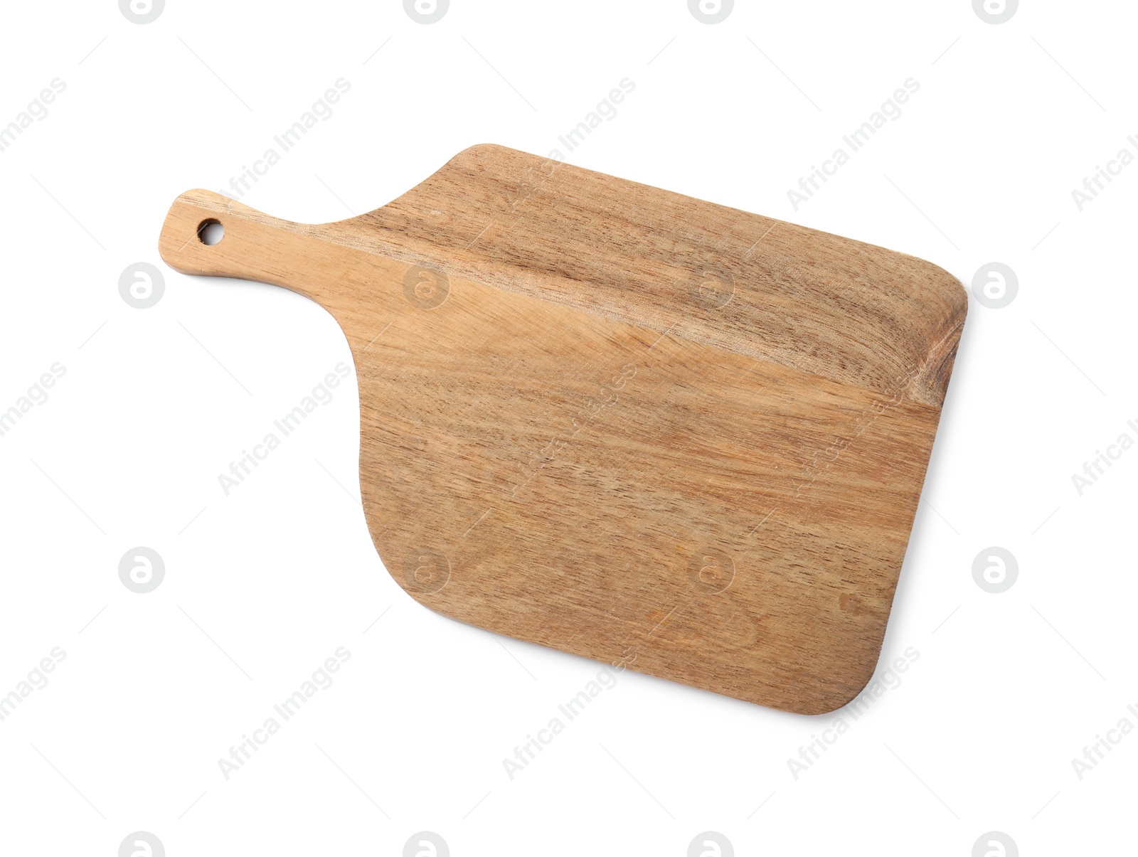 Photo of One wooden cutting board isolated on white, top view