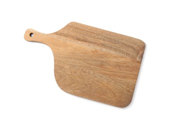 Photo of One wooden cutting board isolated on white, top view