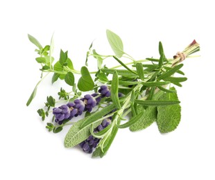 Photo of Bunch of fresh aromatic herbs on white background