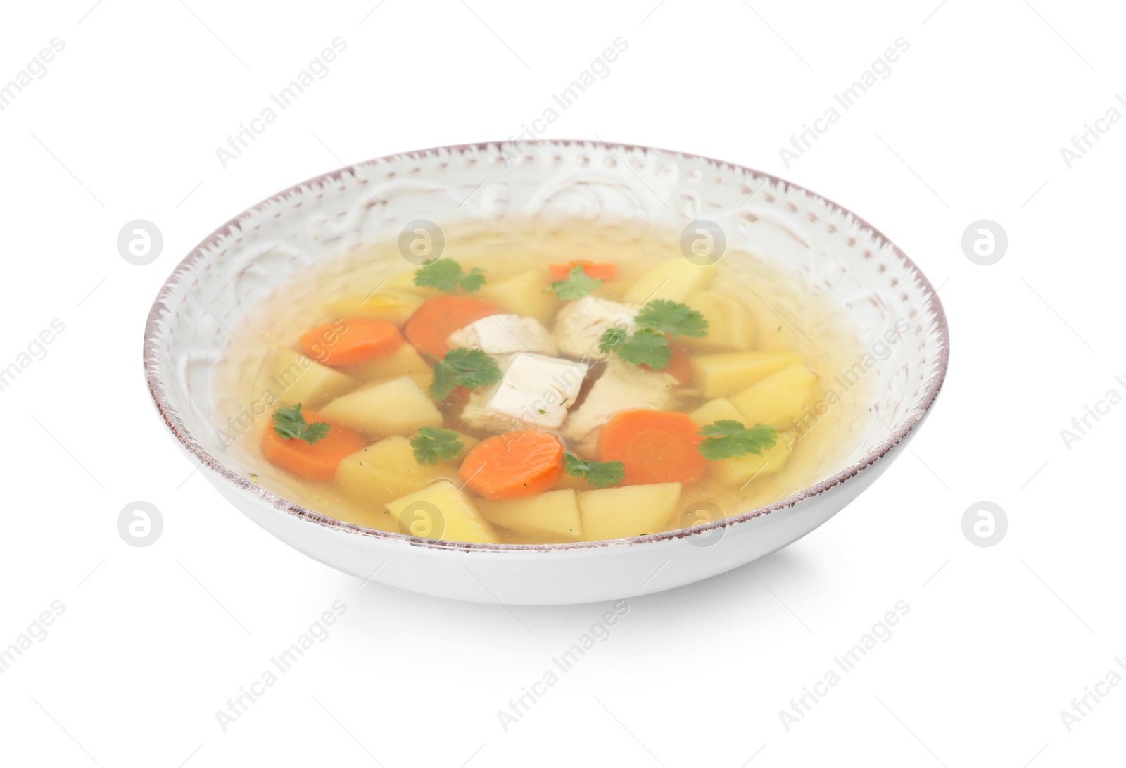 Photo of Dish with fresh homemade chicken soup on white background