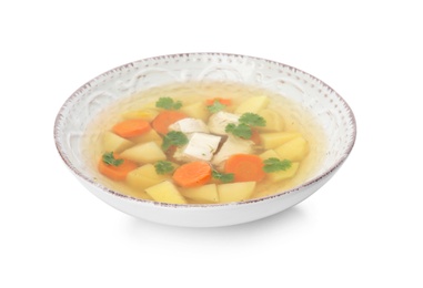 Photo of Dish with fresh homemade chicken soup on white background