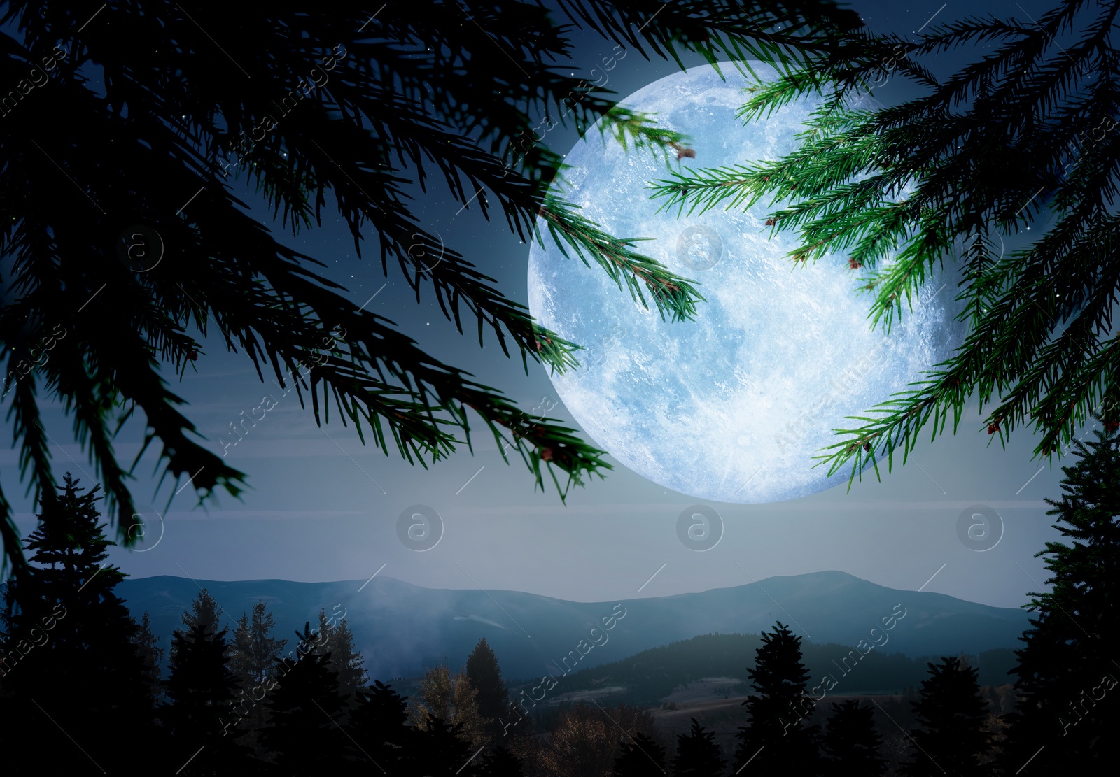 Image of Fantasy landscape. Full moon in starry sky over mountains, view through branches