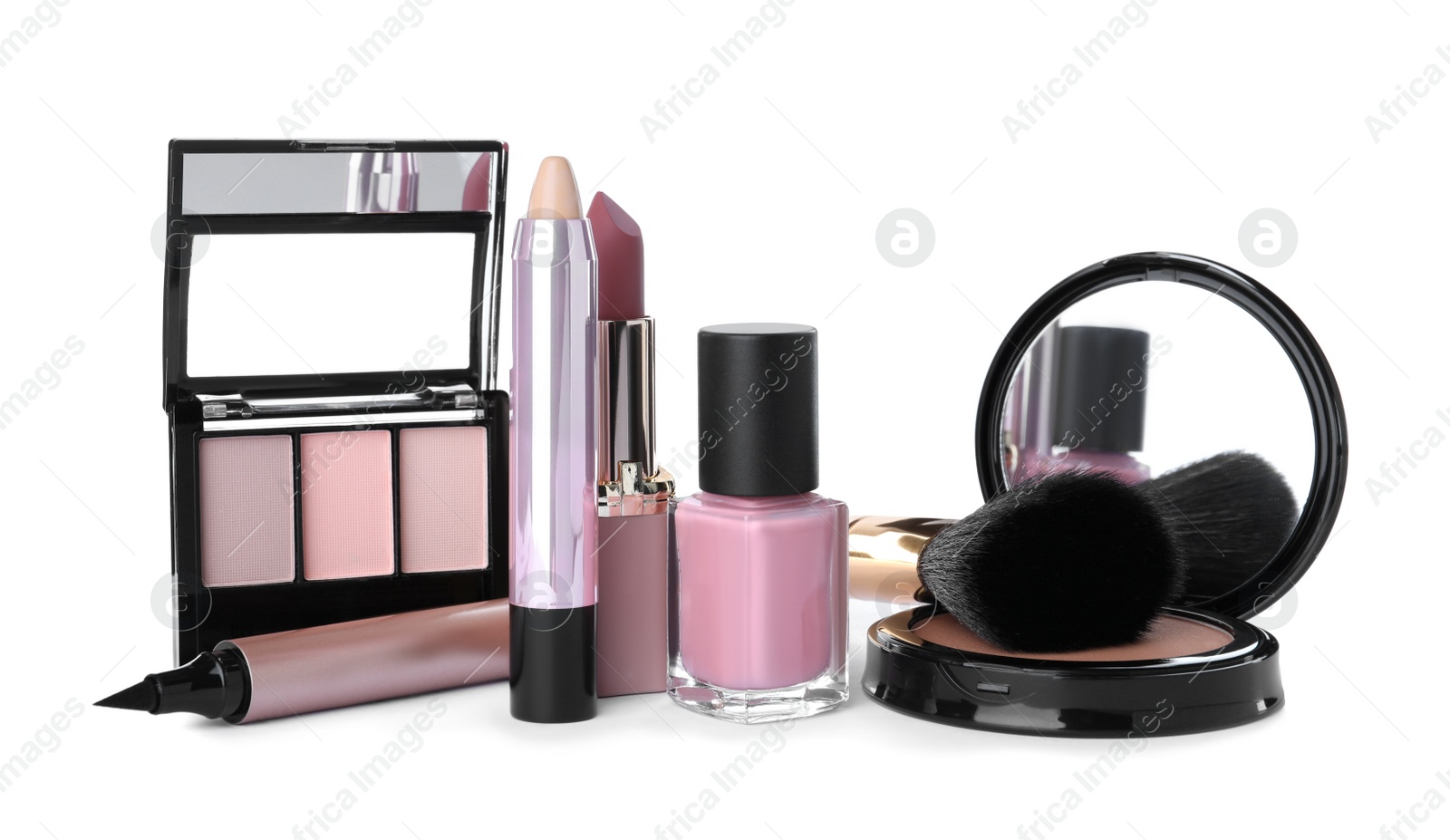 Photo of Different luxury cosmetic products on white background