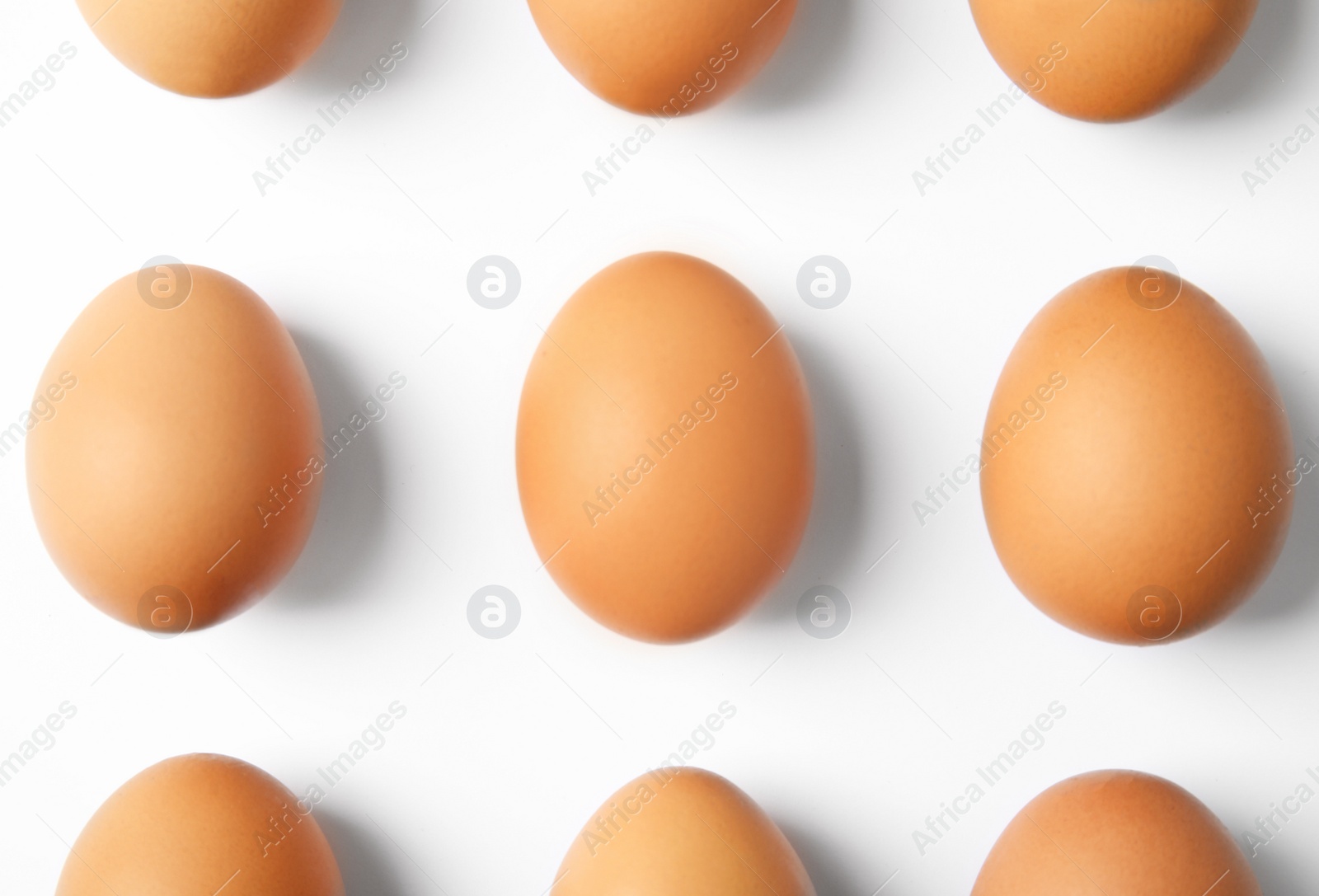 Photo of Raw chicken eggs on white background, top view