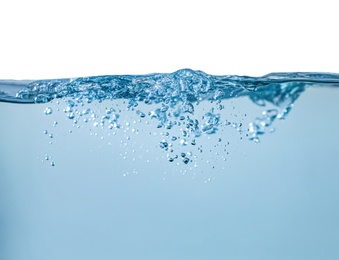 Photo of Splash of pure water on white background, closeup