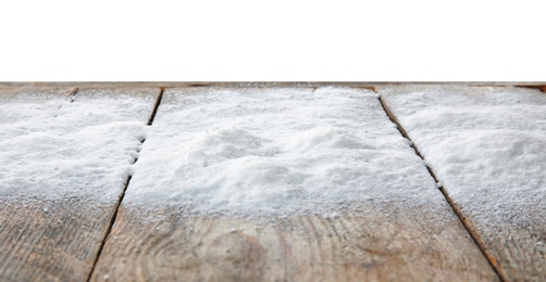 Snow on table against white background. Christmas season