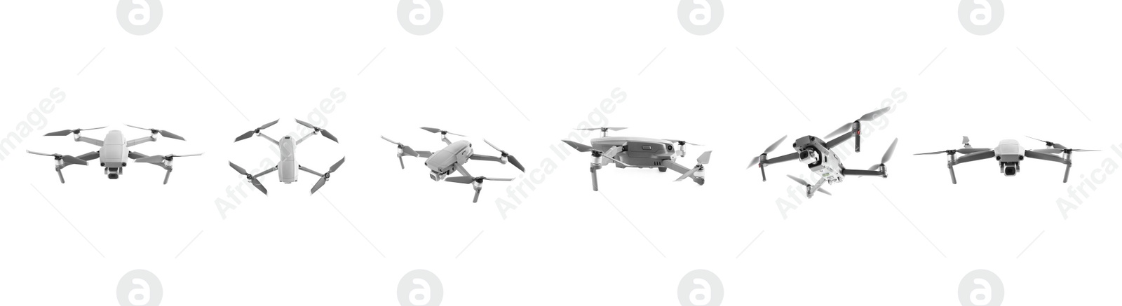 Image of Modern drone on white background, views from different sides. Banner design