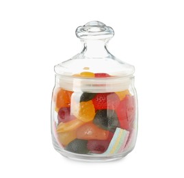 Photo of Delicious gummy candies in glass jar on white background