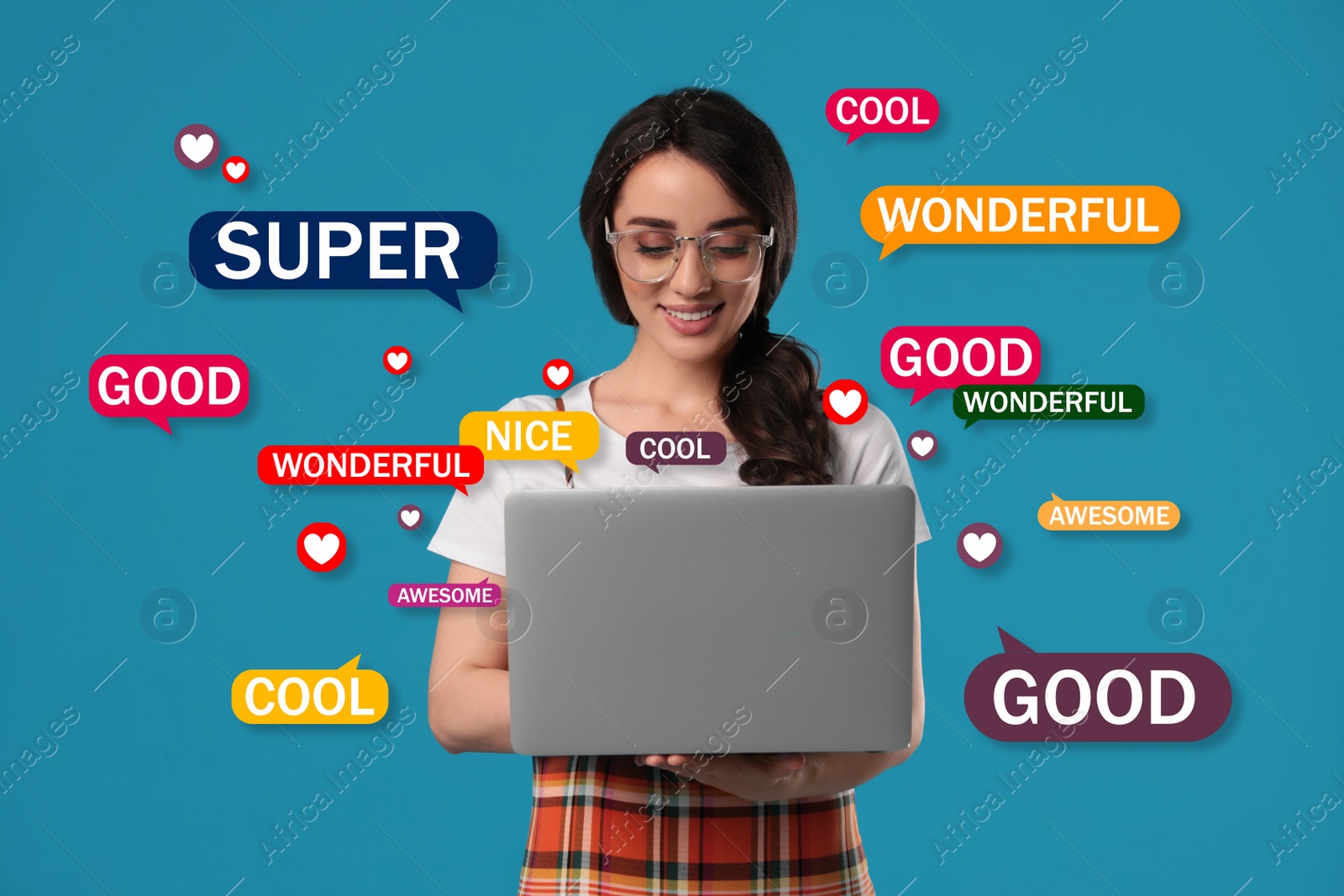 Image of Woman using laptop to give feedback on light blue background. Customer review