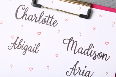 Clipboard with different baby names, closeup view