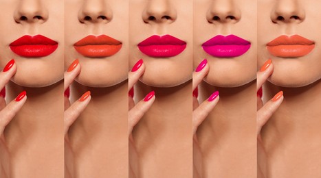 Image of Collage with photos of young woman with different lipsticks, closeup