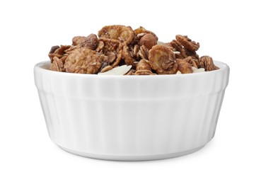 Photo of Granola in bowl on white background. Healthy snack