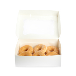 Delicious donuts in box isolated on white