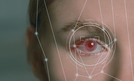 Facial and iris recognition. Woman with digital biometric grid and scan, closeup