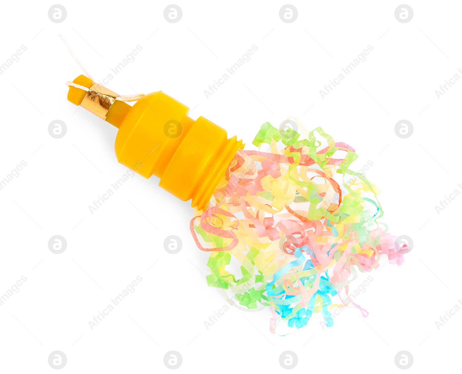 Photo of Colorful streamers with yellow party cracker isolated on white, top view
