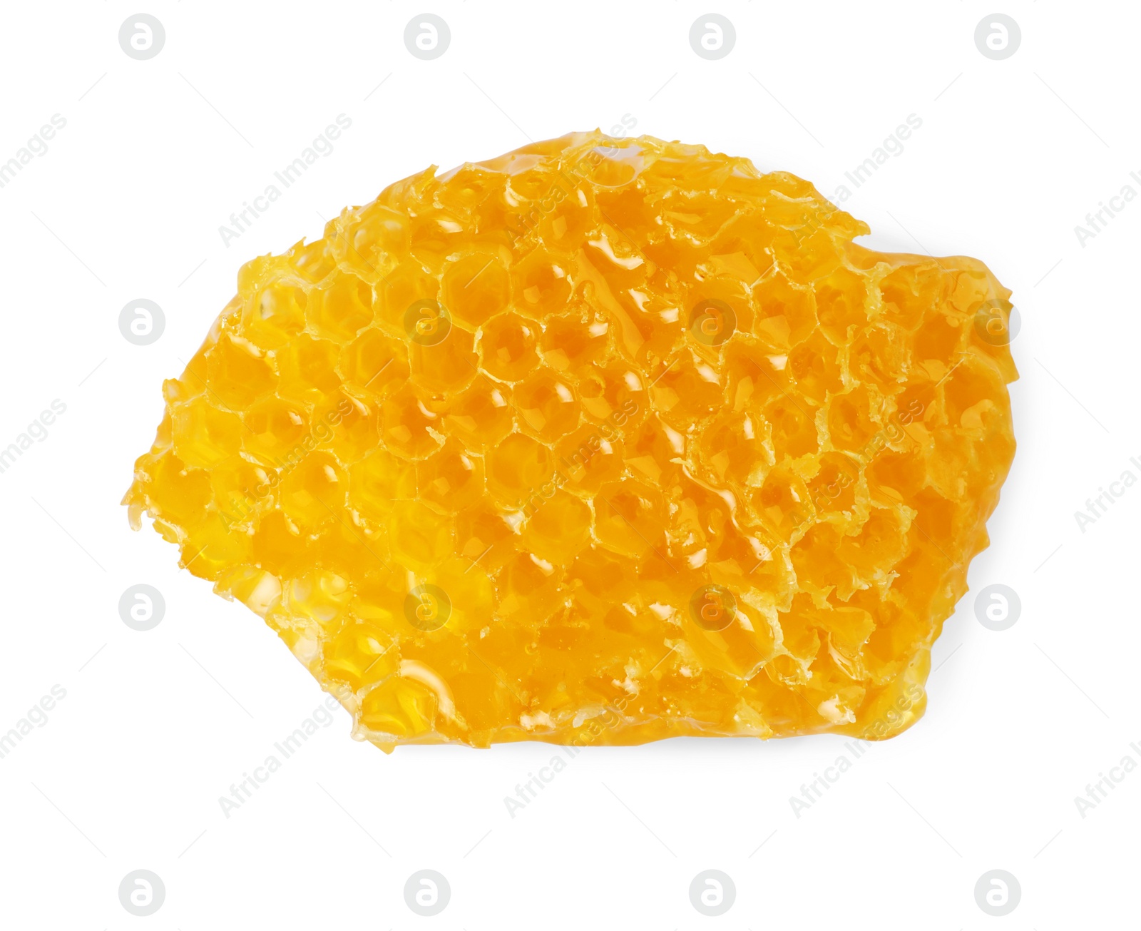 Photo of Piece of natural honeycomb with tasty honey isolated on white, top view