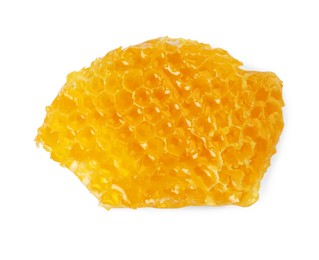 Photo of Piece of natural honeycomb with tasty honey isolated on white, top view