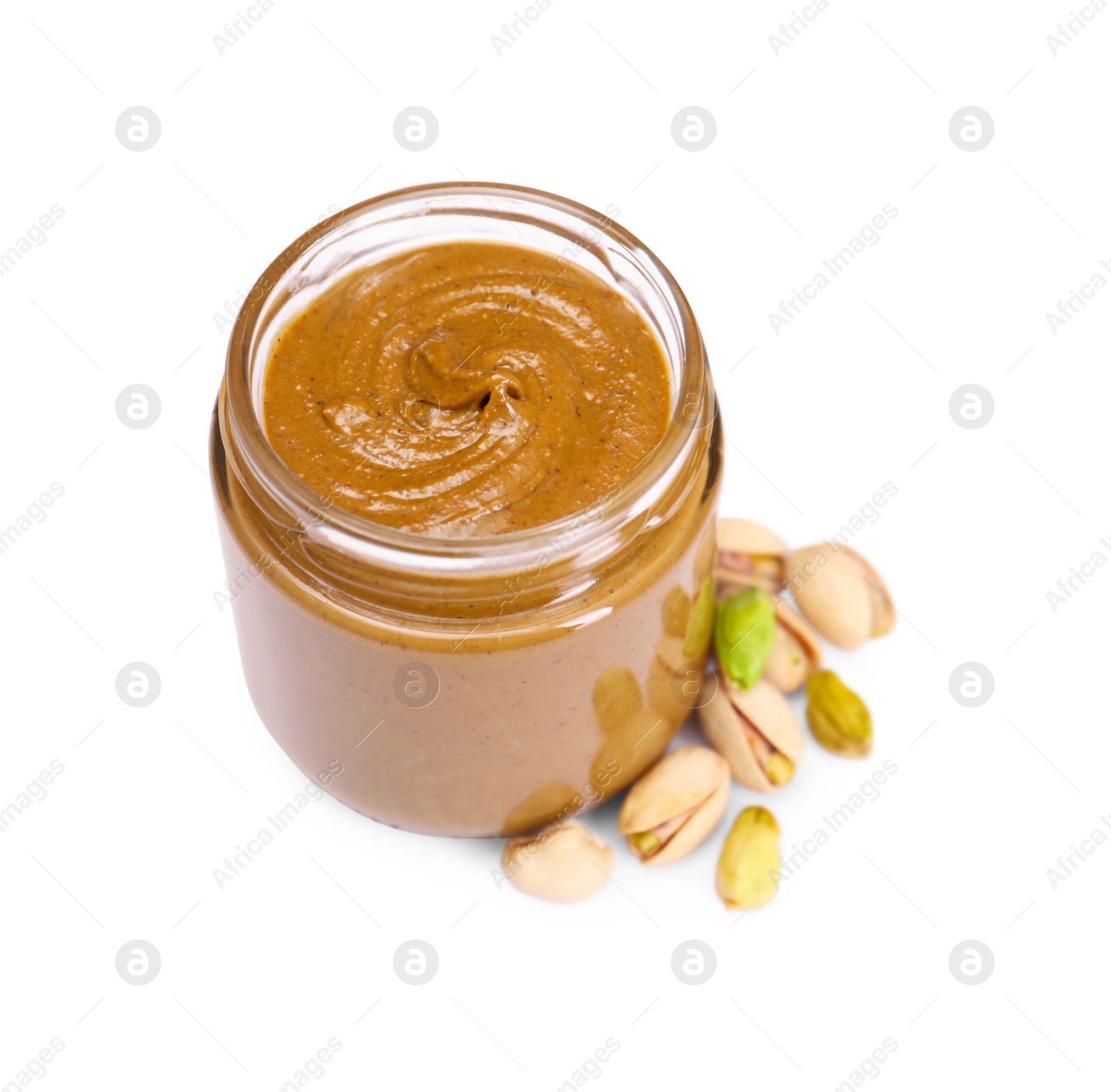 Photo of Tasty nut paste in jar and pistachios isolated on white