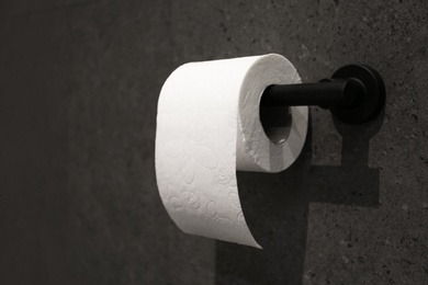 Photo of Toilet paper holder with roll mounted on dark wall