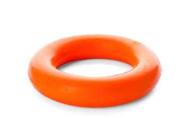 Photo of Rubber ring for dog on white background. Pet toy