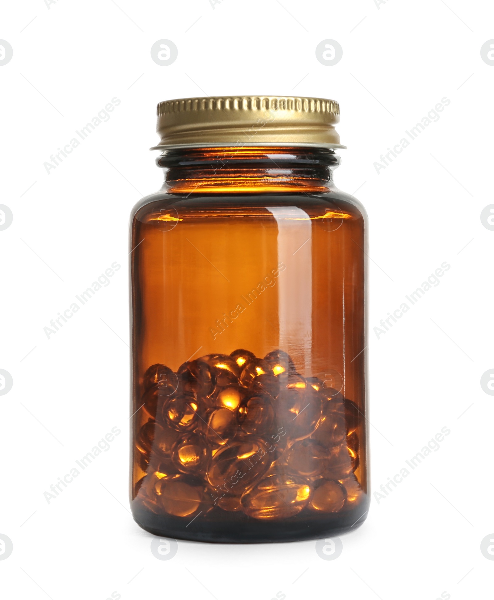 Photo of Bottle with cod liver oil capsules on white background