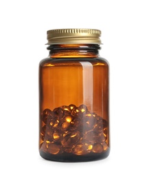 Bottle with cod liver oil capsules on white background