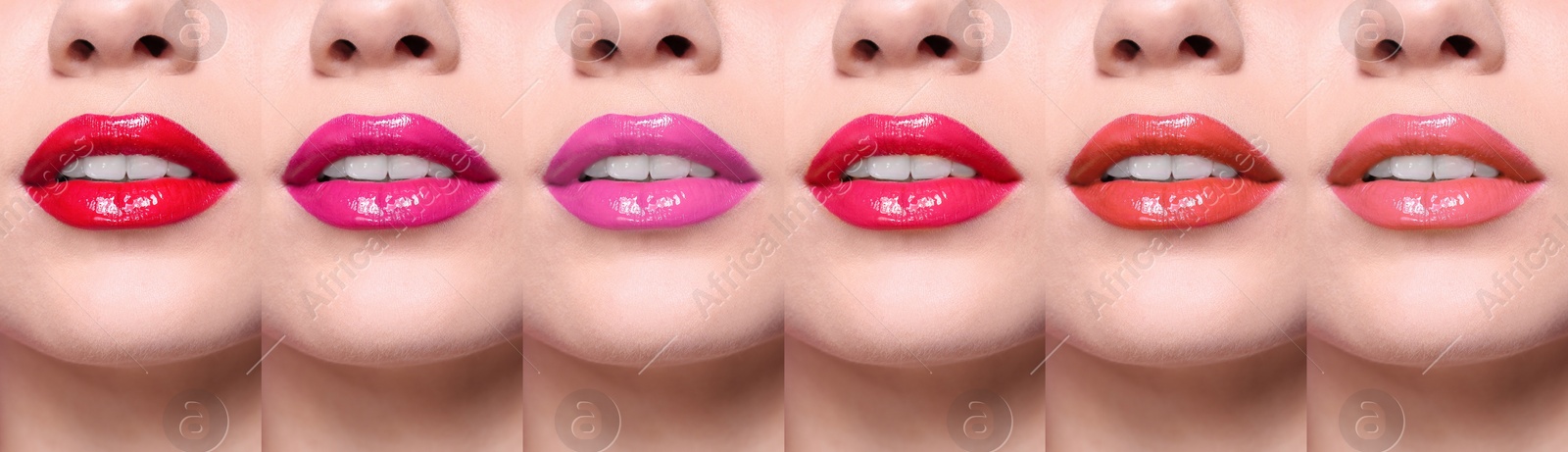 Image of Woman with different color lipsticks, collage. Banner design