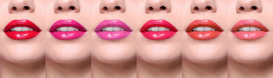 Woman with different color lipsticks, collage. Banner design