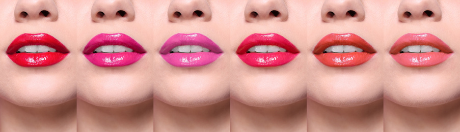 Image of Woman with different color lipsticks, collage. Banner design