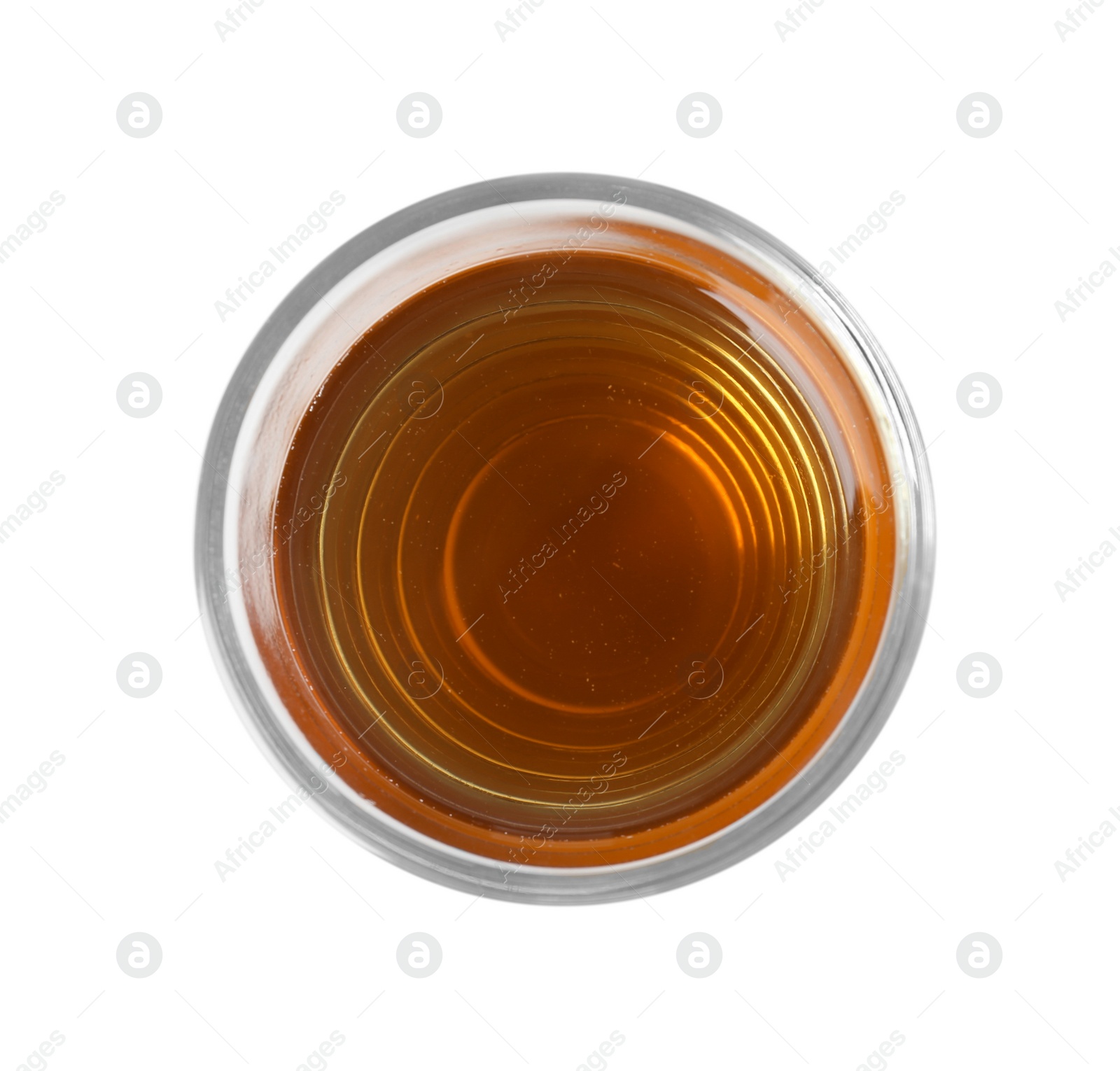 Photo of Glass of fresh apple juice on white background, top view