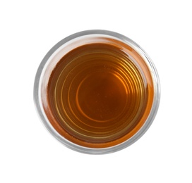 Glass of fresh apple juice on white background, top view