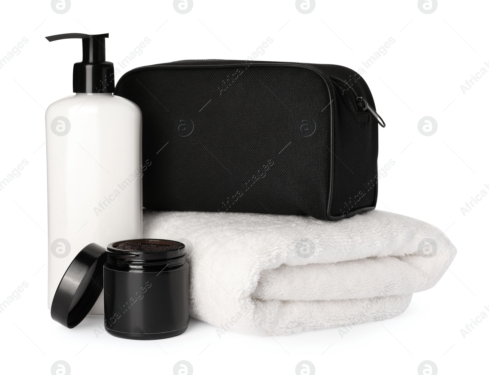 Photo of Preparation for spa. Compact toiletry bag and different cosmetic products isolated on white