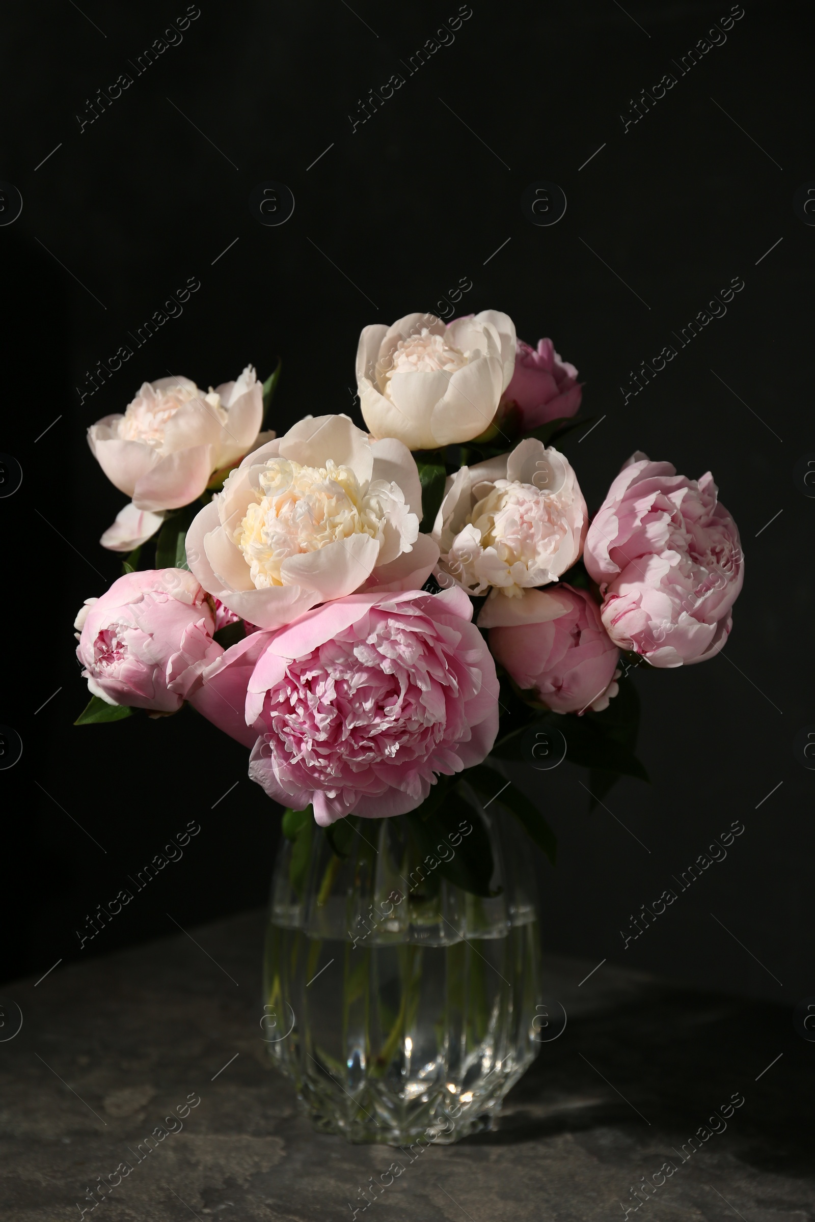 Photo of Bouquet of beautiful peonies in glass vase on dark table against black background