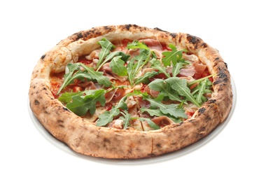Photo of Tasty pizza with meat and arugula isolated on white