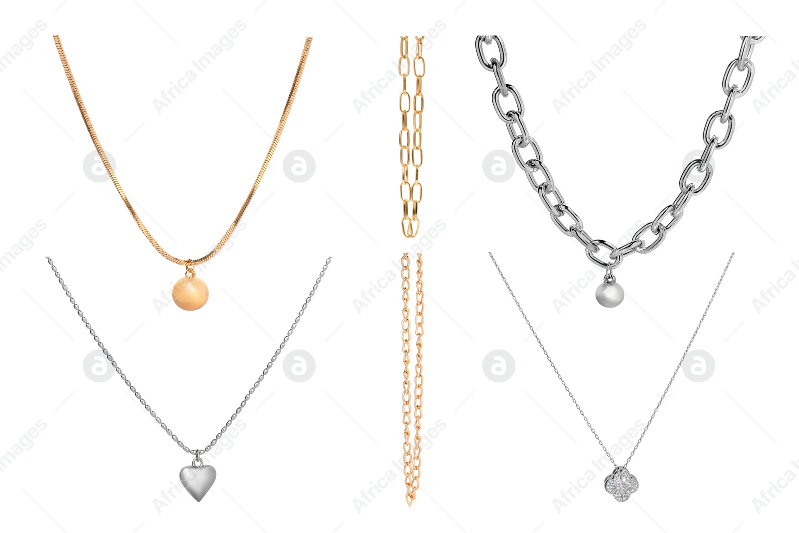 Image of Set with different jewellery chains isolated on white