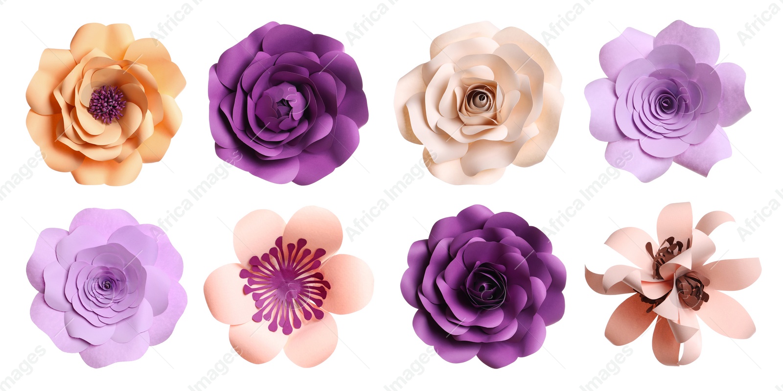 Image of Set with beautiful flowers made of paper on white background, top view. Banner design