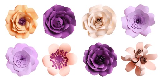 Image of Set with beautiful flowers made of paper on white background, top view. Banner design