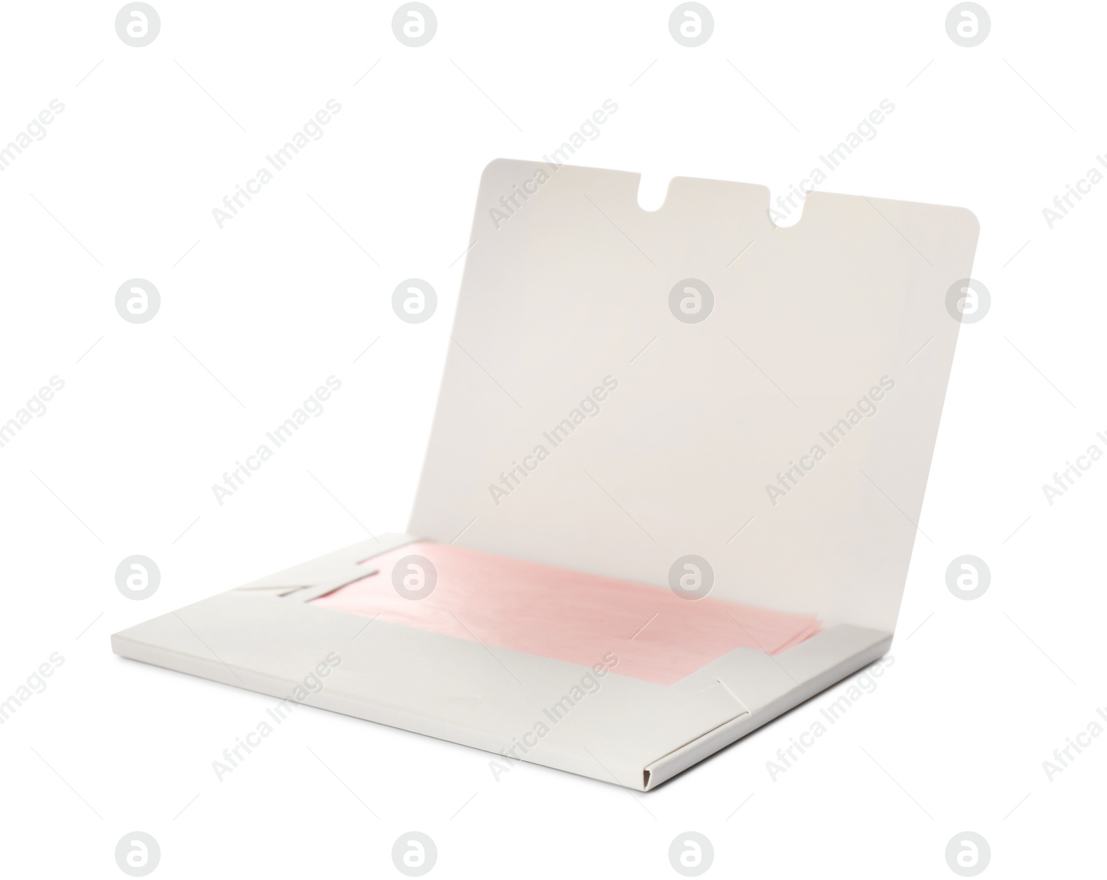 Photo of Package of facial oil blotting tissues isolated on white. Mattifying wipes